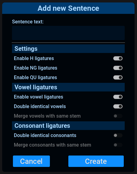 Gallifreyan Scribe add new sentence dialog